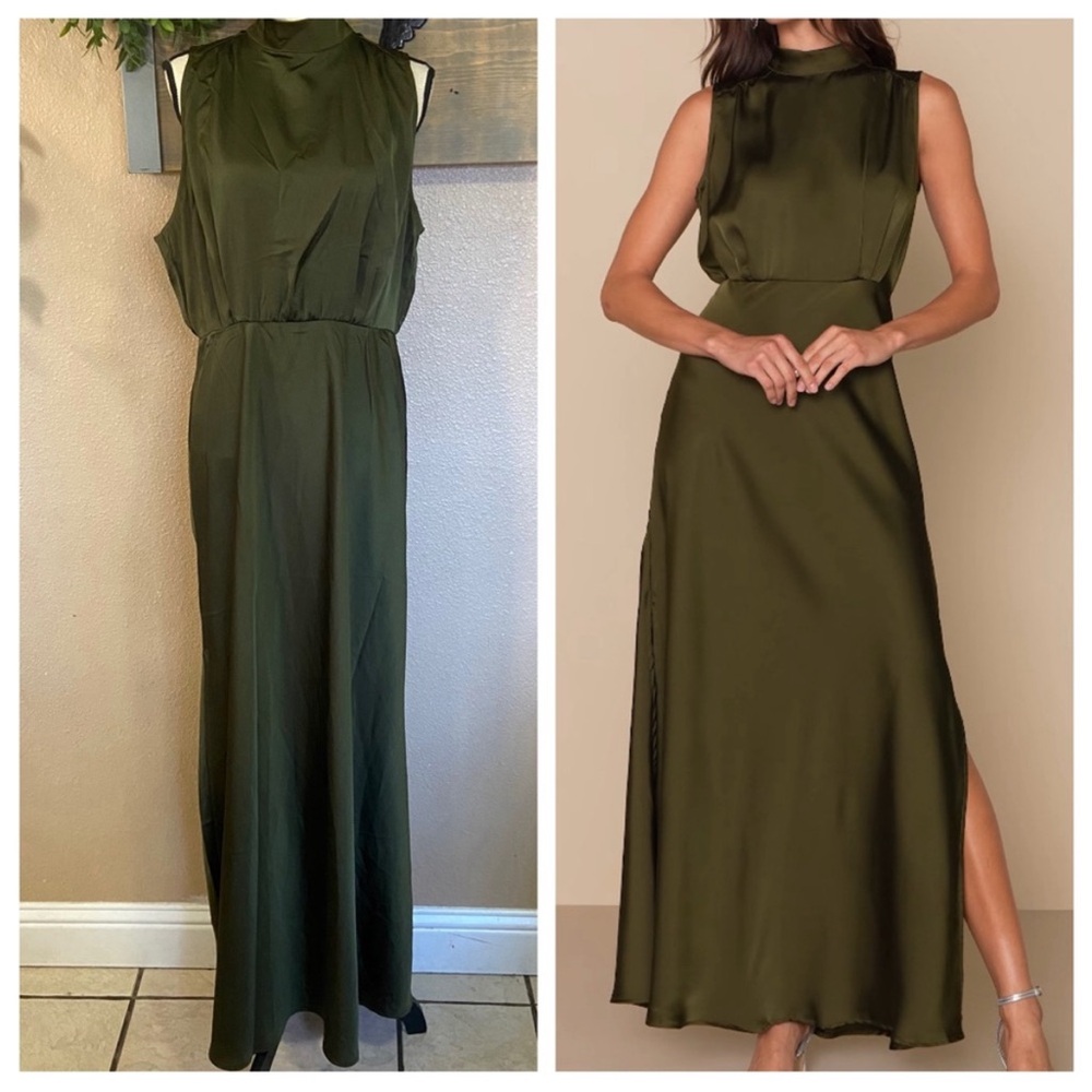Lulus Classic Elegance Olive Satin Sleeveless Mock Neck Maxi Dress